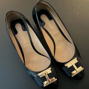 Salvatore Ferragamo black patent block heels.